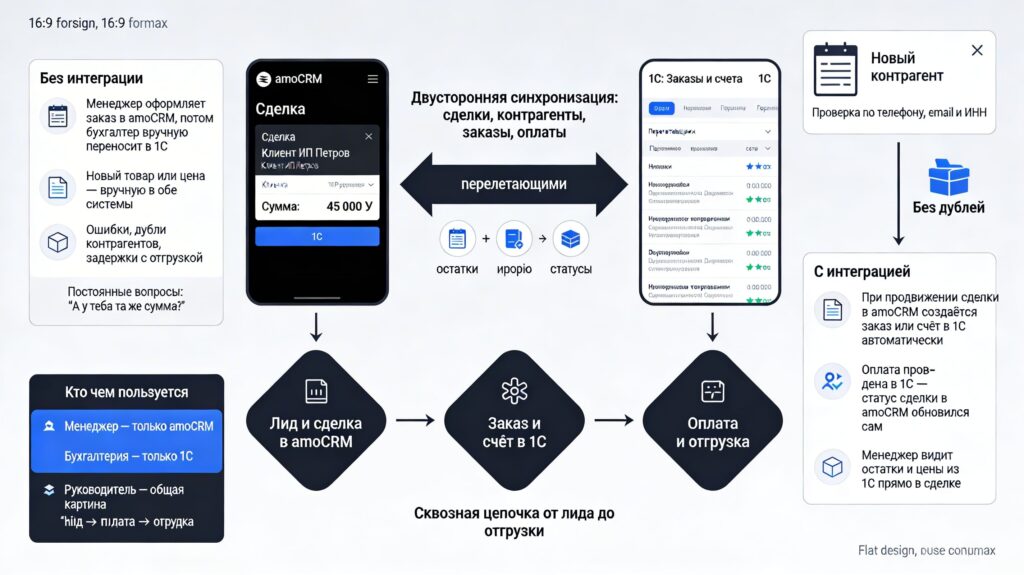 Схема обмена данными между amoCRM и 1С.